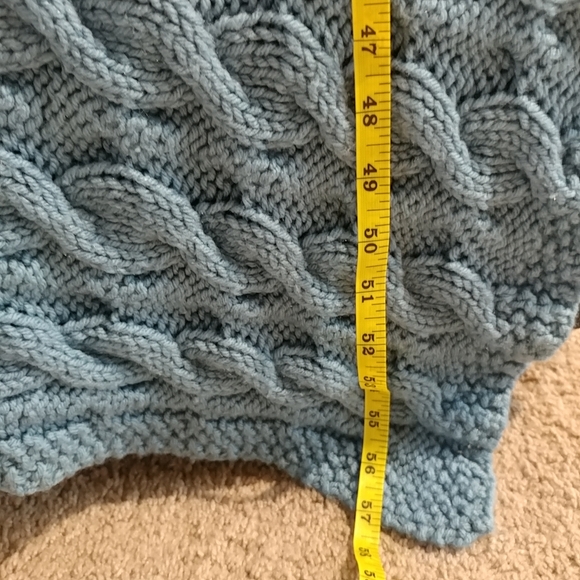 Vintage Hand Knit Blanket Crochet Cable Knit Blanket Large 61"×57" Blue Handmade - Picture 15 of 16